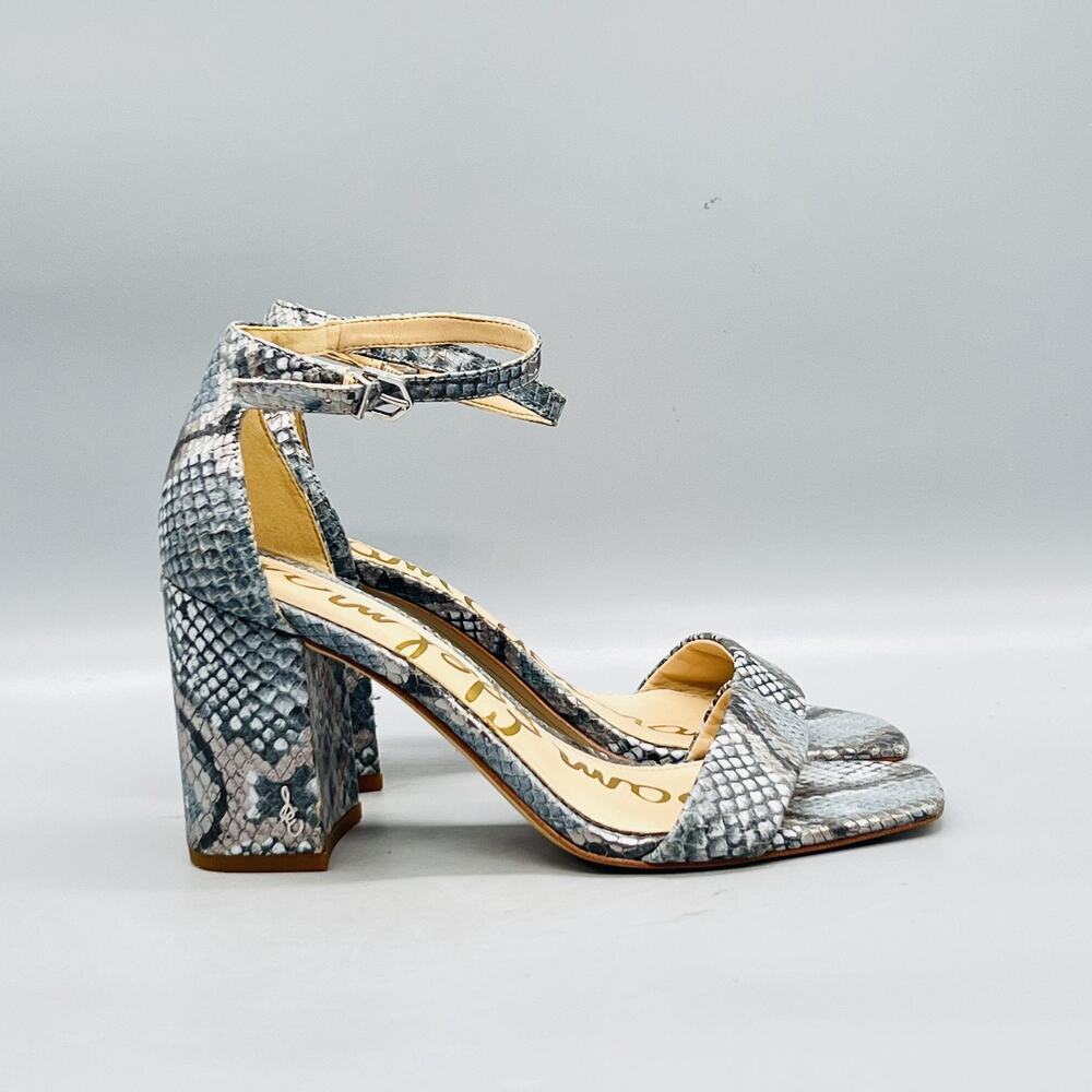 Sam Edelman Sandals Womens 8 Gray Snake Print Ankle Strap Block Heel Dress Shoes